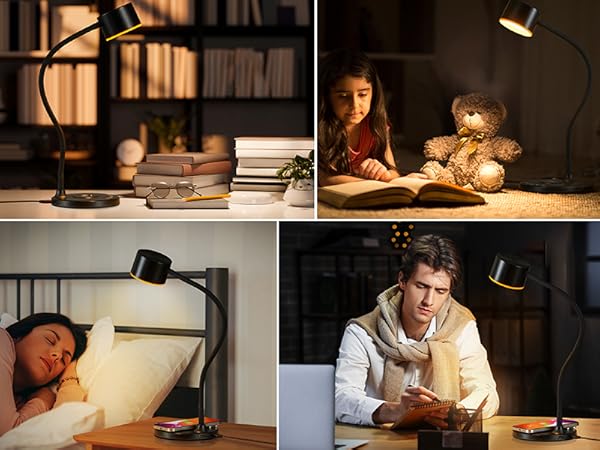 LED Desk Lamp with USB Charging Port Wireless Charger Small Lamp for College Dorm Room Home Office