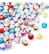 Sparkeads 100 Pcs 9.5-11mm Flower Ceramic Beads Handmade Printed Porcelain Beads Round Flower Spa...