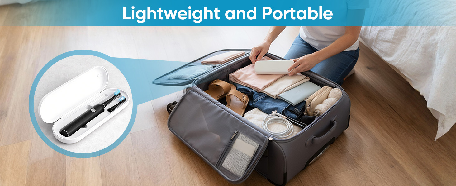 Text reads 'Lightweight and Portable'. Gray travel bag shown open with folded clothes inside, plus inset image of collapsible handle mechanism.