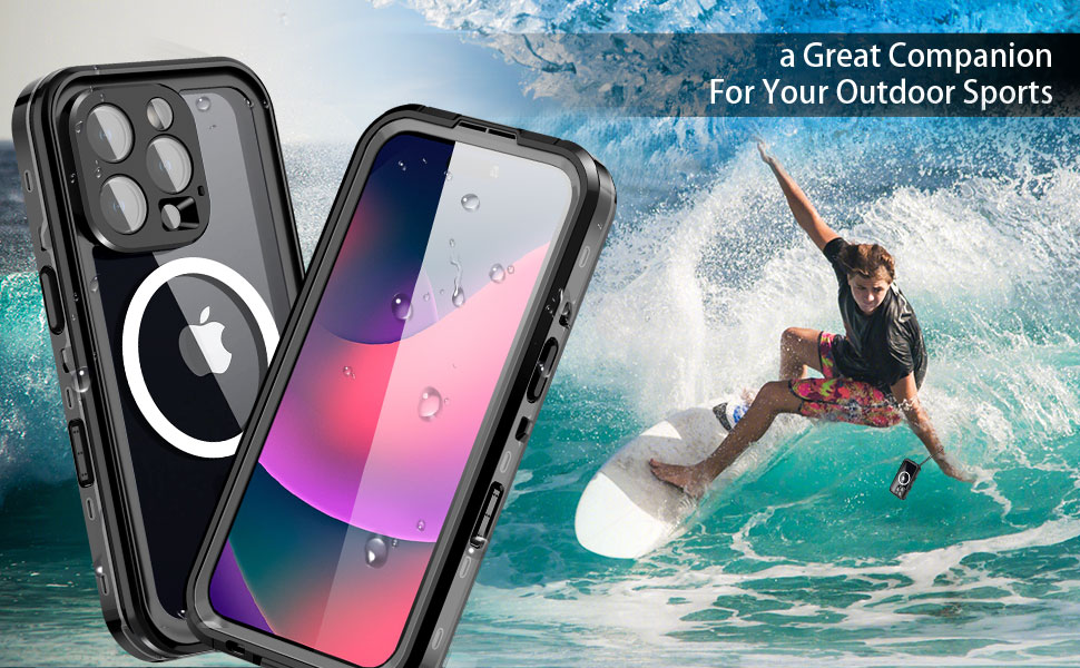 Waterproof phone case with dual camera protection and magnetic ring mount, shown alongside surfing action shot demonstrating outdoor sports compatibility.