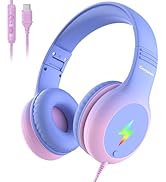Cowyawn USB Type C Kids Headphones, Wired Headphones for Kids with Microphone/LED Lights, 85/94dB...