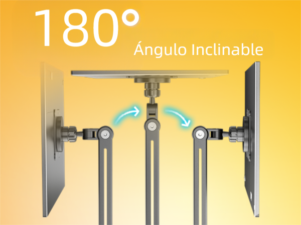 Text reads '180° Angulo Inclinable'. Technical diagram showing adjustable mounting bracket or hardware with multiple positioning options.