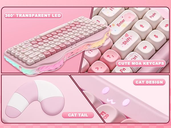 Pink-tinted keyboard closeup images showing detailed key layout and mechanism. Multiple angles demonstrate the keyboard's structure and design.