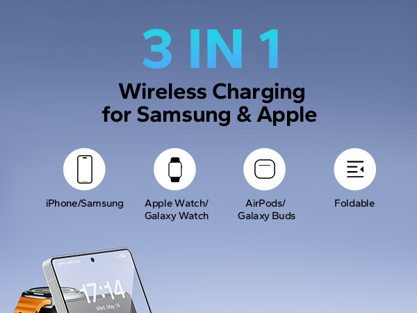 3-in-1 wireless charging device for Samsung and Apple products. Compatible with phones, smartwatches, and earbuds. Features foldable design. Partial view of device showing digital clock display.