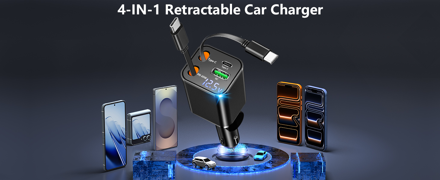 Retractable Car Charger USB C 120W USB C Car Charger 4-IN-1 PD/QC Power Cigarette Lighter Adapter