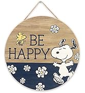 Peanuts Snoopy Be Happy Round Hanging Wood Wall Decor - Fun Snoopy Sign for Home Decorating - Gre...