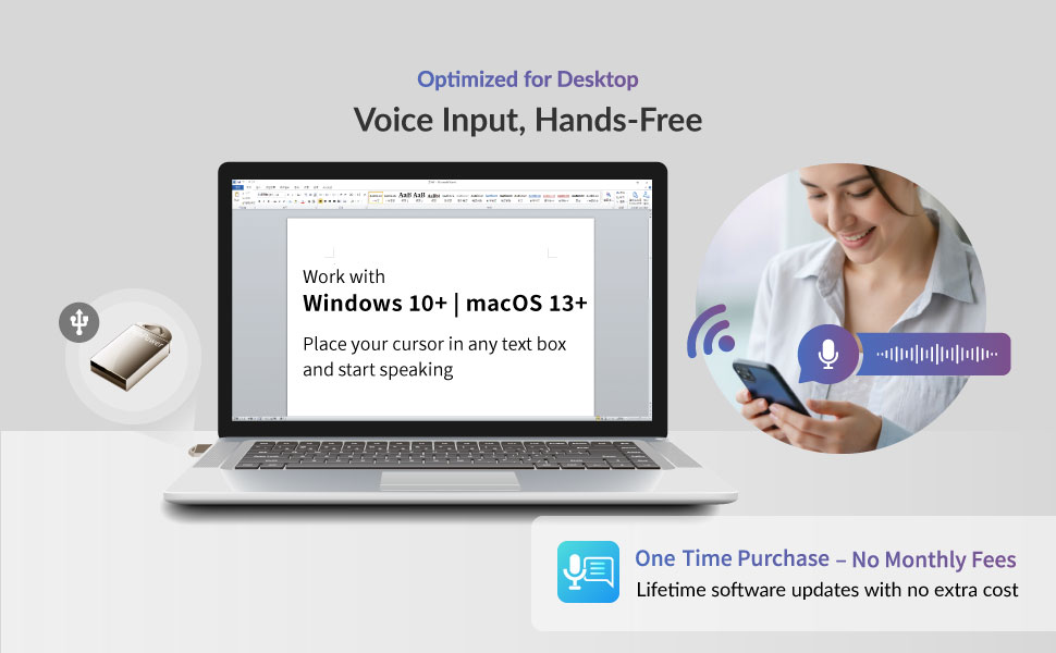Voice Input Optimized for Desktop. Work with windows 10 and above, Mac OS 13 and above