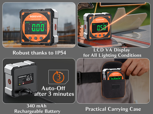 IP54, VA LCD, rechargeable, auto-off, portable