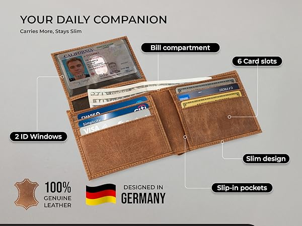 Open mens wallet leather bifold wallet with 6 card slots, 2 ID windows and bill compartment