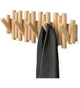 Umbra Picket Coat Rack, Wall Mount 5 Flip-Down Coat Hooks, Natural | Beveled pine wood dowels, su...