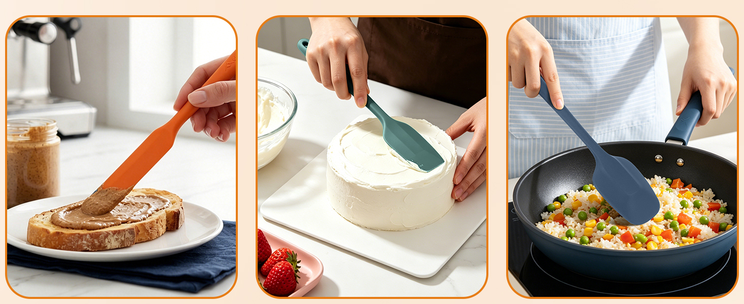 Silicone spatula spreads toast frosting, cakes, and stirs fried rice