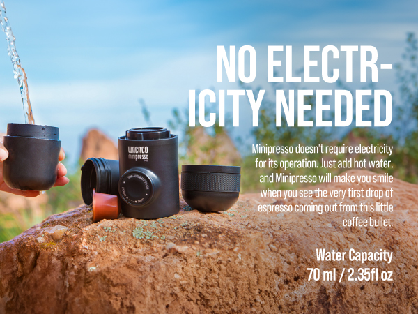 Portable coffee maker with 70ml water capacity, featuring no-electricity operation. Black cylindrical design shown outdoors with water stream.