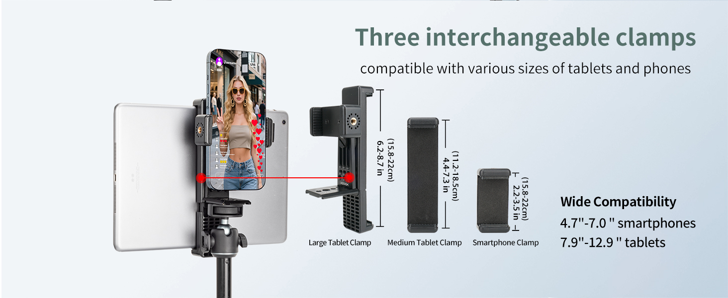 Three interchangeable clamps compatible with various sizes of tablets and phones