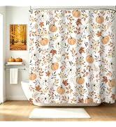 Fall Shower Curtain for Bath Farmhouse Maple Leaves Pumpkin Shower Curtain | 72 x 72 Waterproof W...