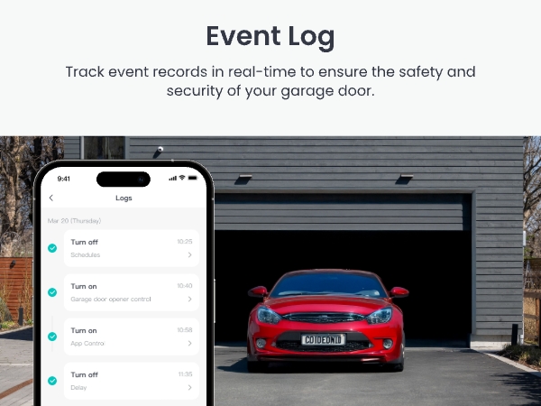 Smartphone displaying 'Event Log' interface for garage door monitoring, next to a red sports car parked in an open garage. Interface shows real-time event tracking for garage door operations.