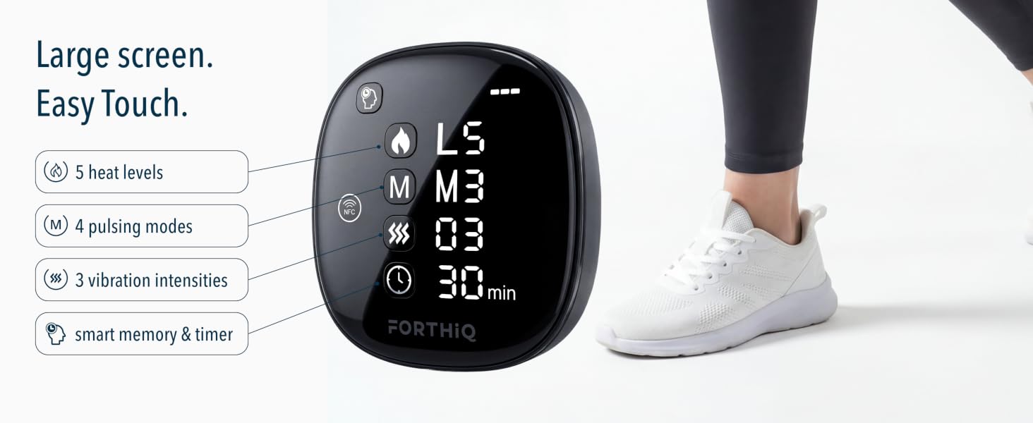 Text reads 'Easy Touch.' Multiple views of a round digital display showing time and interface elements on dark screen.