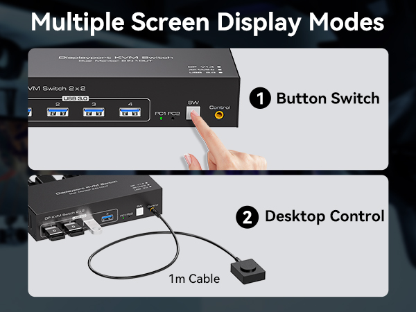 Display mode control device showing two options: button switch interface and desktop control with 1m cable connection.
