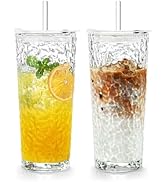Puraville 2 Pack 18oz Glass Cups with Lids and Straws, Vintage Glacier Pattern Thickened Glasswar...