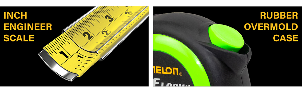 Yellow inch engineer scale tape measure blade, rubber overmold case on black background