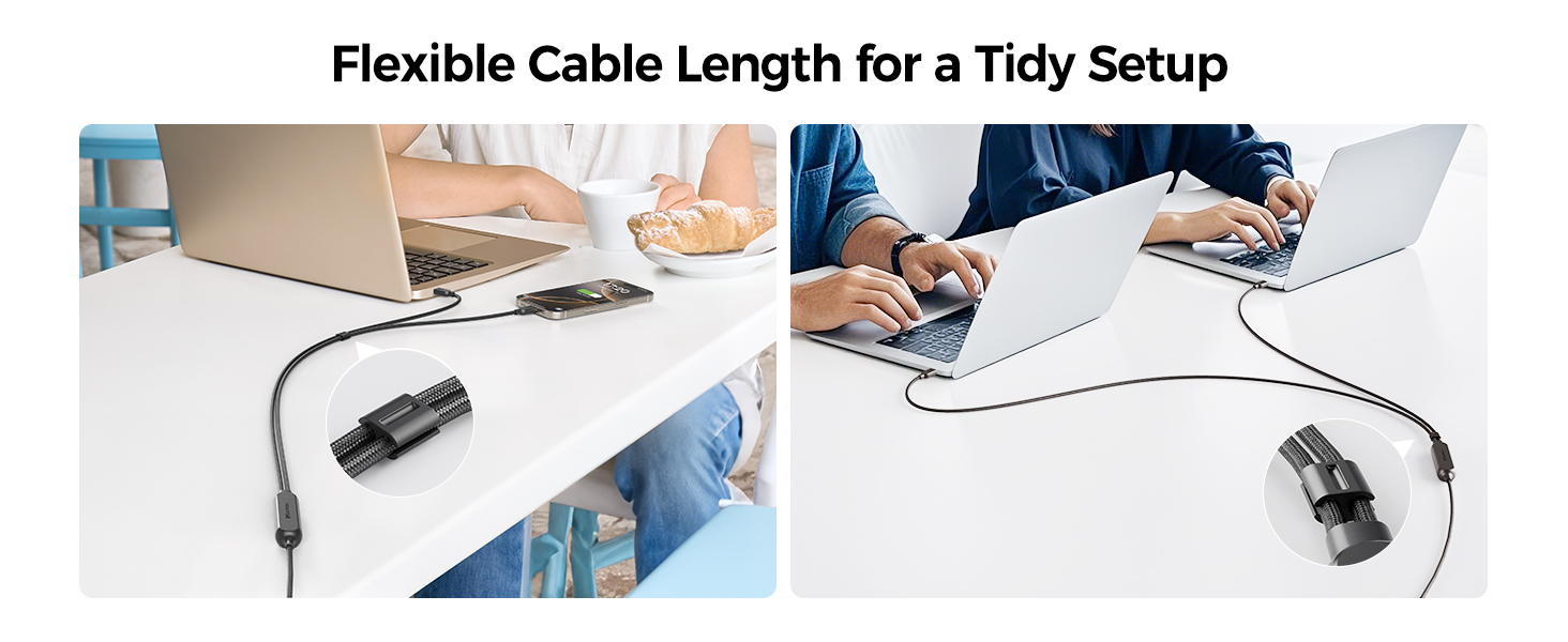 Braided USB C splitter cable with adjustable TPE slider for customizable cable length.