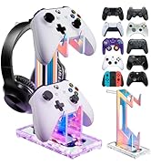 NiHome Iridescent LED Lighting Acrylic Multi-Tier Game Controller Holder &amp; Headset Stand, USB-Pow...
