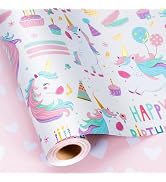 MAYPLUSS Unicorn Wrapping Paper for Girl, 17 Inch x 16.5 Feet Birthday Gift Wrap Featuring Gold C...