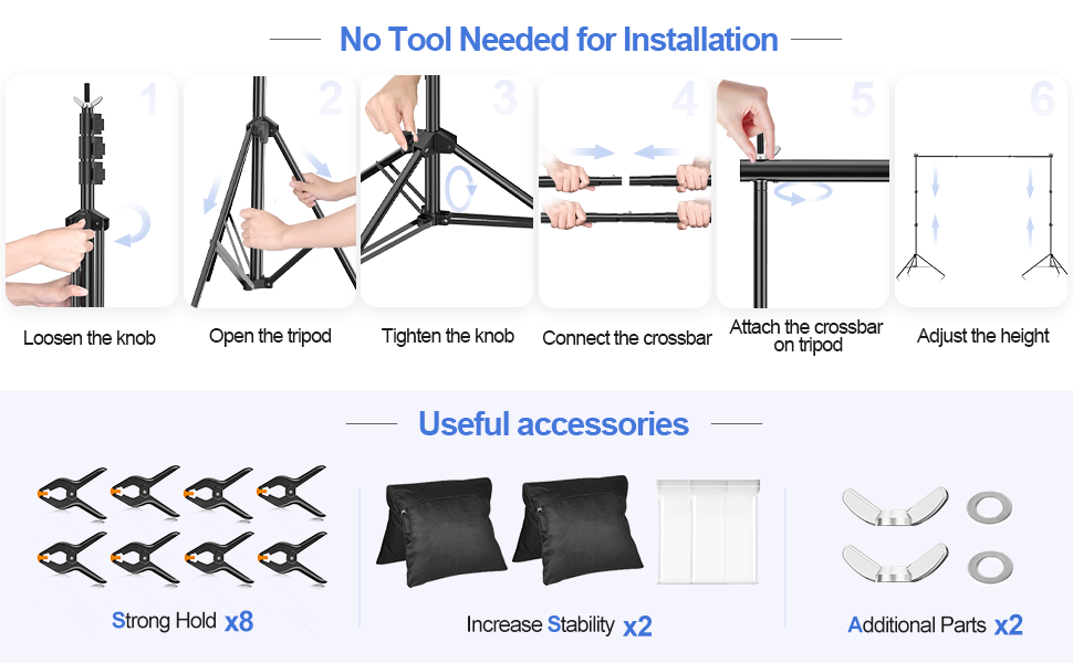 EMART Backdrop Stand with 2 Crossbars, 6 Backdrop Clamps, 2 Sandbags and with Installation method