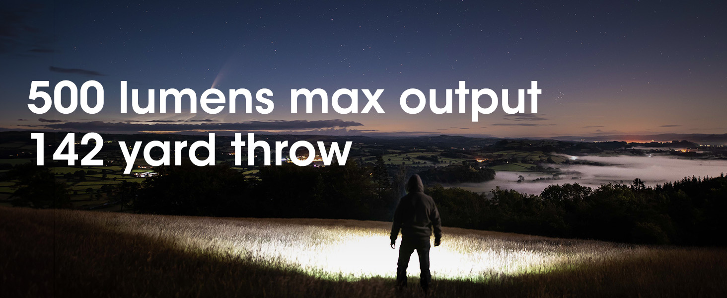 A person stands in a field as the sun sets with the NU30 shining on their head.