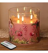 Eywamage 3 Wick Flameless Candle with Remote, Pink Hummingbird Floral Glass LED Candle, Large Bat...