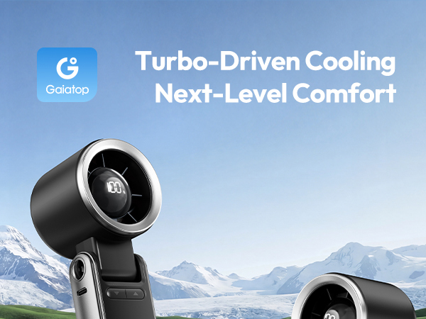 Text reads: 'Turbo-Driven Cooling Next-Level Comfort' with Gcodrop logo. Product shows black cylindrical cooling fan device mounted on stand against snowy mountain background.