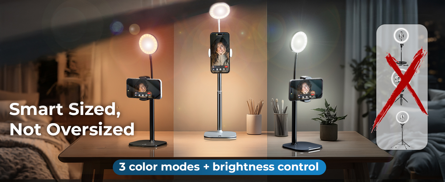 Ring light phone holder with 3 color modes—ideal iPhone tripod with light and phone holder setup.