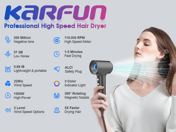110000 RPM Hair Dryer, High-Speed Brushless Motor Fast Drying Blow Dryer, 57dB Low Noise Hair Dryer