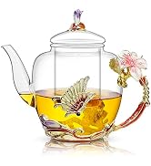 Lily Flower Enamel Glass Teapot - 46oz/1300ml, Floral Teapot With Removable Loose Tea Leaf Infuser