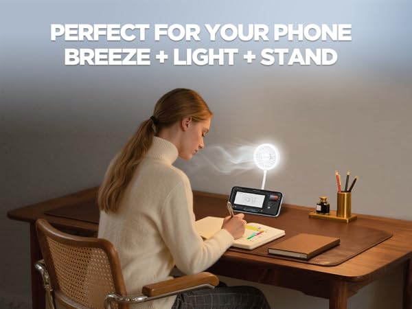 Portable Fan with 3-Level Ring Light and 360° Adjustable Stand, Hands-Free Phone Mount