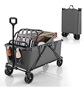 GYMAX Collapsible Wagon Cart Heavy Duty, Beach Wagon with Adjustable Handlebar, Bottle Holders &amp; ...