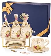 YOLIFE Tea Cups and Saucers Set of 6, Ivory Porcelain Tea Cups Set with Stand, Floral with Gold L...