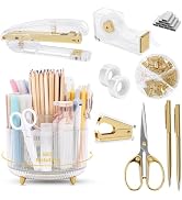 SKYDUE Gold Office Supplies Set, Pencil Holder for Desk,Gel Pen, Stapler, Tape Dispenser, Scissor...
