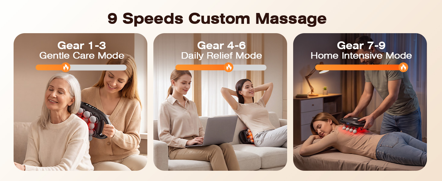 Three scenes show 9 speed settings on a multi-head back massager from gentle to intensive.