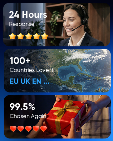 24 hours response 100+countries love it 99.5%chosen again