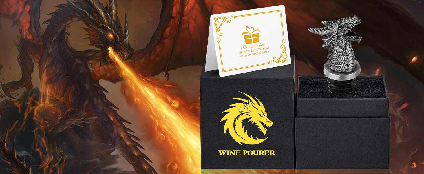 Black gift box with golden dragon logo labeled 'Wing Folder' alongside decorative metal dragon figurine, with fiery dragon artwork in background.