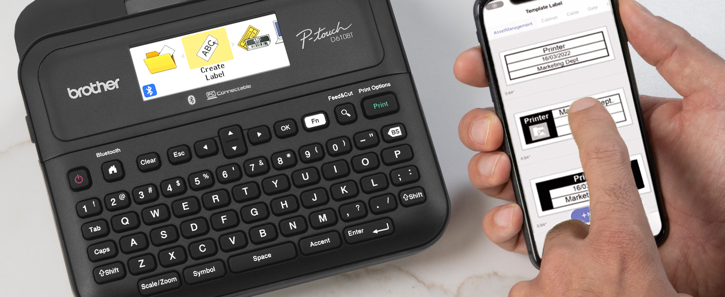 Person using mobile device to select pre-built label template with custom logo and table layout