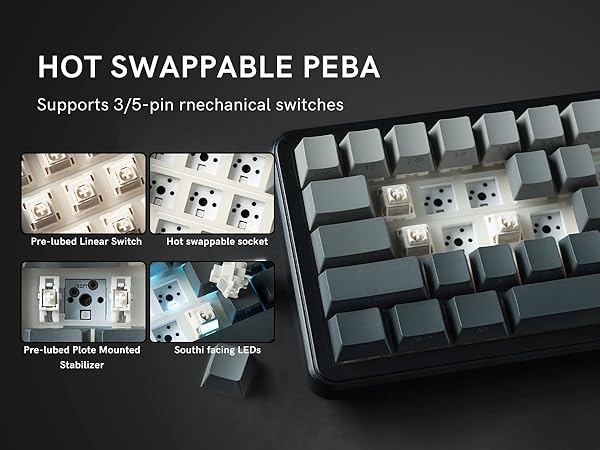 60 Mechanical Keyboard Wireless with Knob, Black Gaming Keyboard,USB-C/BT5/2.4G RGB Hot Swappable