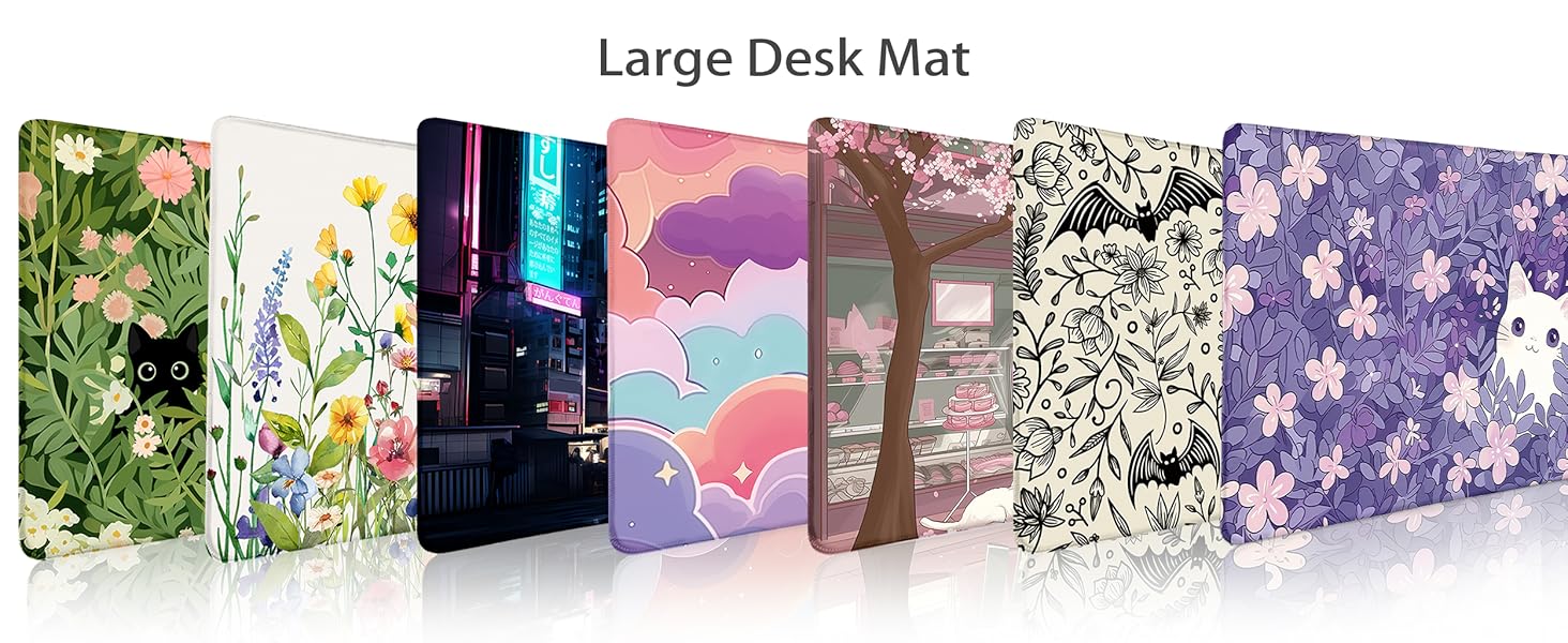 Cat Mouse Pad Large Desk Mat, Pink Cherry Blossom Computer Mousepad with Stitched Edges Non-Slip
