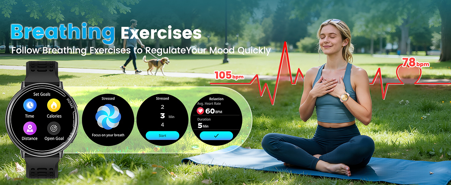 Text reads 'Breathing Exercises'. Digital interface showing circular exercise tracking widgets with colorful icons against outdoor workout scene.
