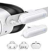 White virtual reality headset with adjustable straps and removable battery packs, shown from multiple angles including top, side, and front views.