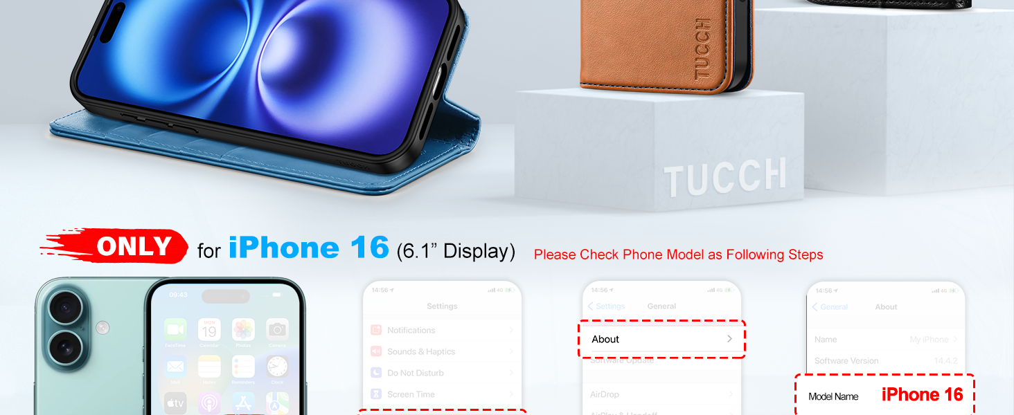 TUCCH Case Wallet for iPhone 16, [TPU Shockproof Shell], Kickstand PU Leather Stand Protective Cover