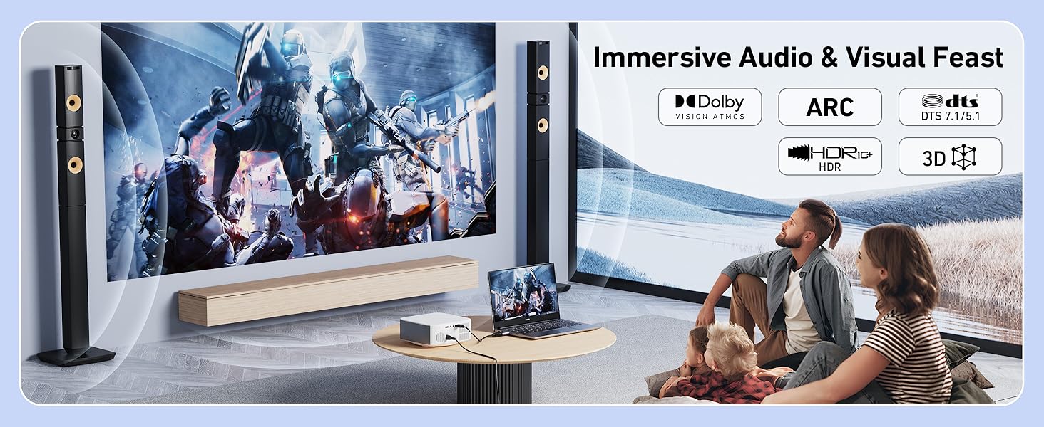 Text reads 'Immersive Audio &amp; Visual Feast'. Multiple panels showing VR/AR experience screens and people using VR headsets in various interactive settings.