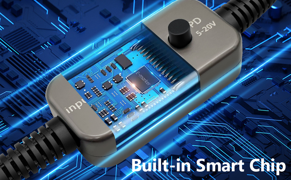 Text reads 'Built-in Smart Chip'. Close-up of electronic components with blue lighting effect showing circuit board and chip integration.