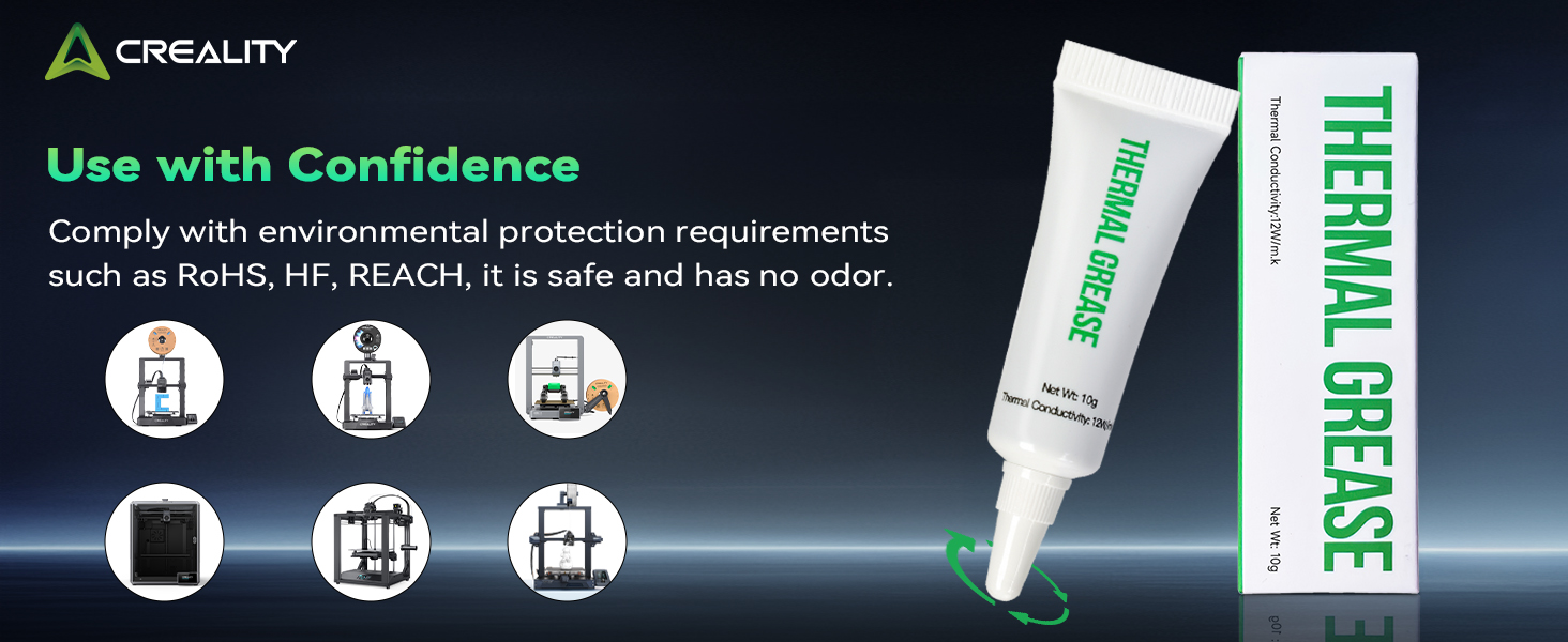 Creality thermal grease product advertisement showing six circular icons demonstrating usage instructions and a tube of thermal paste against a dark background with green accents.