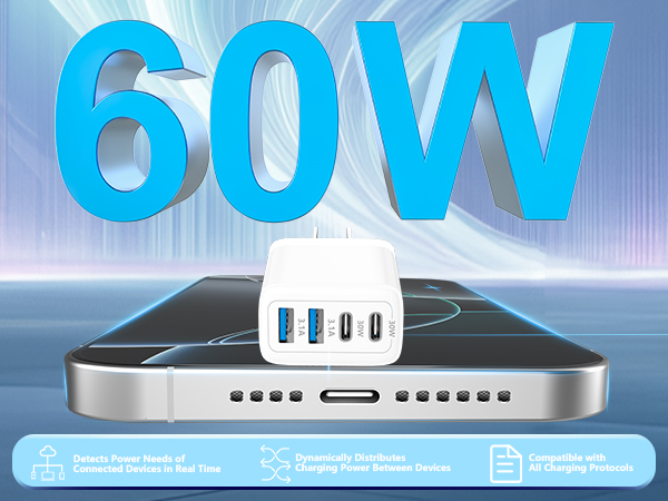 2Pack 60W 4Port USB C Wall Charger Block Dual PD&QC Power Type C Fast Charging Adapter USB-A Charger